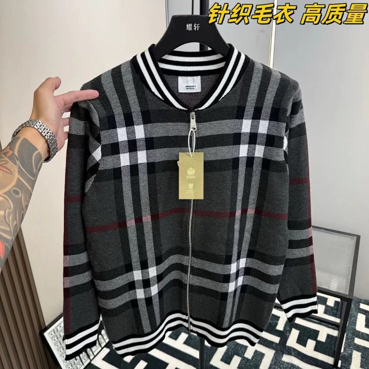 Burberry Knitted Sweater Splicing Checkered Cardigan Light Luxury Jacket Men's Trendy Brand | Suuper