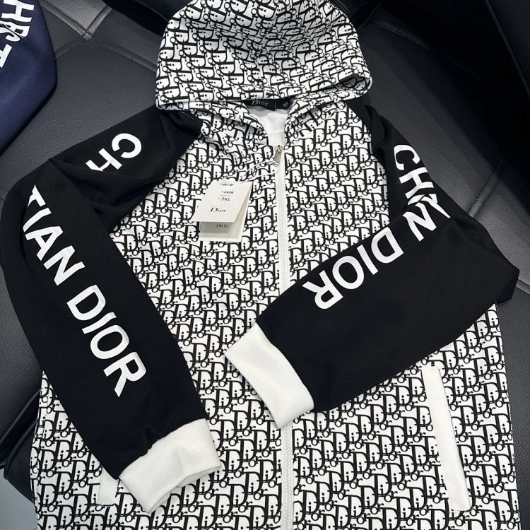 DIOR Light Luxury Full Print Spring and Autumn Coat unisex trendy brand cardigan hooded jacket | Suu