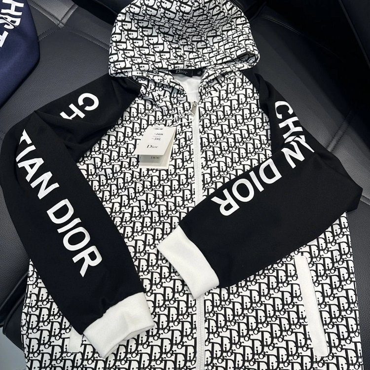 DIOR Light Luxury Full Print Spring and Autumn Coat unisex trendy brand cardigan hooded jacket | Suu