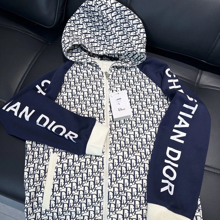 DIOR Light Luxury Full Print Spring and Autumn Coat unisex trendy brand cardigan hooded jacket | Suu