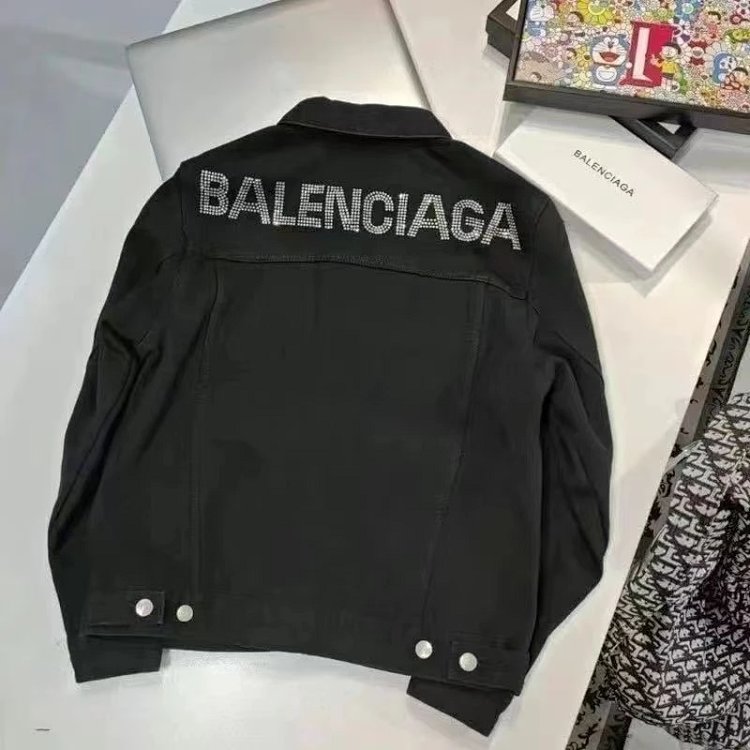 Balenciaga light luxury jacket, unisex denim cardigan, rhinestone jacket, long sleeved top | Suuperb