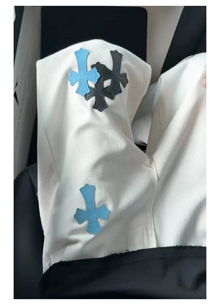 Chrome Hearts White Luxury Jeans Classic Leather Cross Men's and Women's Loose Straight Pants | Suup