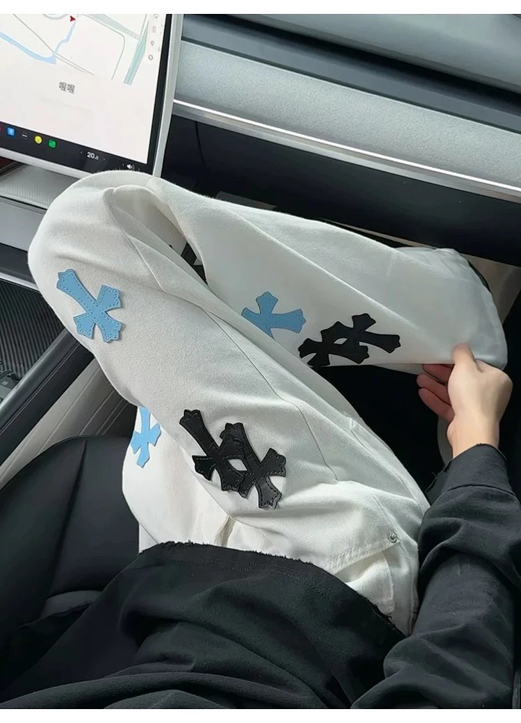 Chrome Hearts White Luxury Jeans Classic Leather Cross Men's and Women's Loose Straight Pants | Suup
