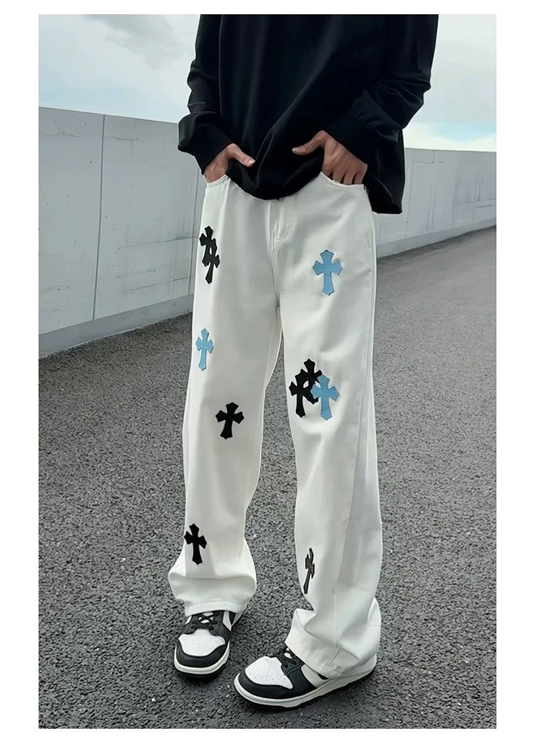 Chrome Hearts White Luxury Jeans Classic Leather Cross Men's and Women's Loose Straight Pants | Suup
