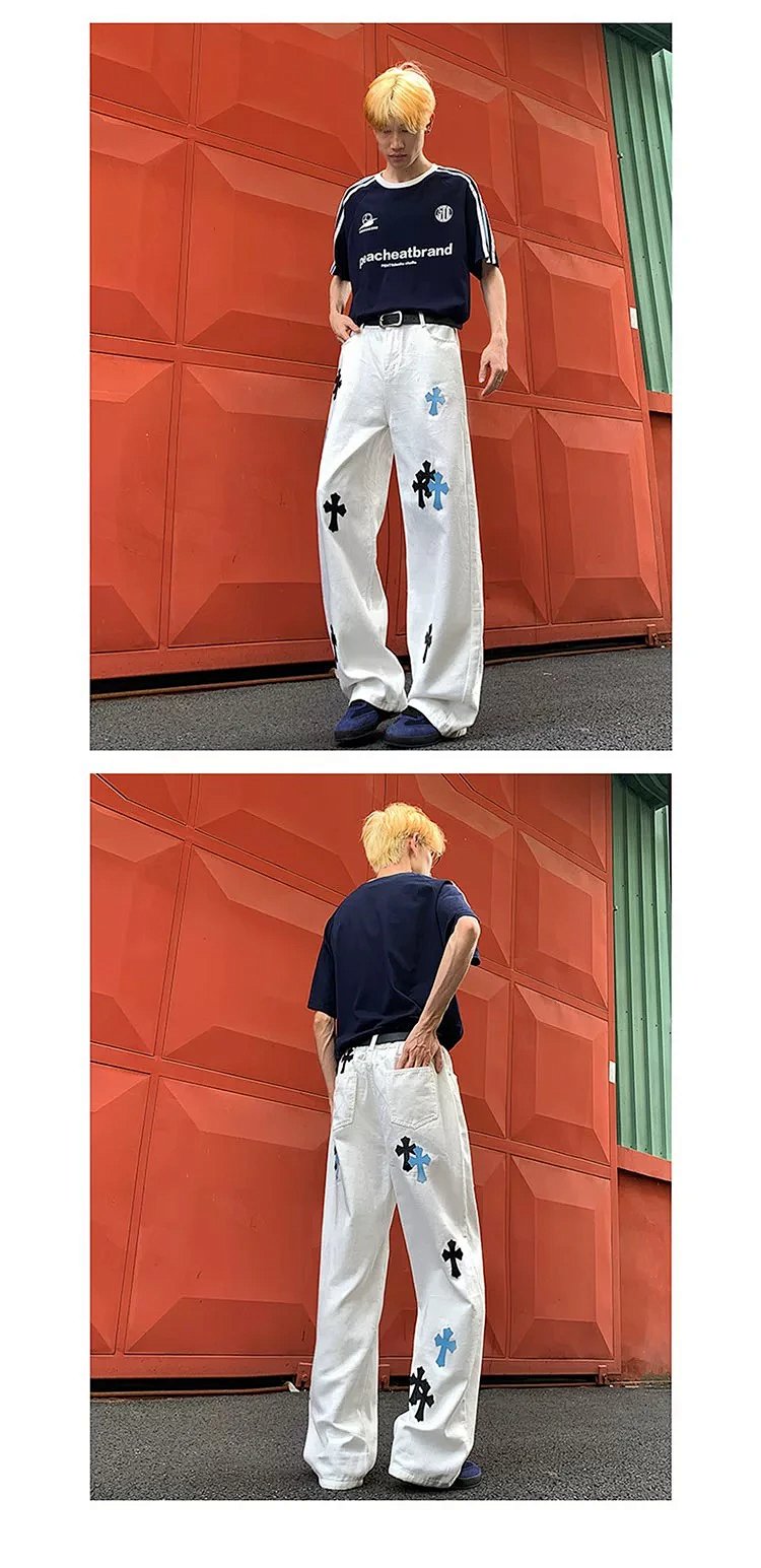 Chrome Hearts White Luxury Jeans Classic Leather Cross Men's and Women's Loose Straight Pants | Suup