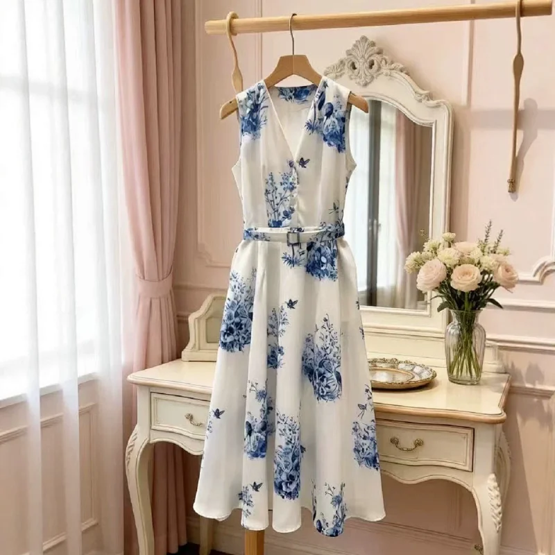 Seaside vacation blue and white printed long skirt | Suuperbuy Spreadsheet