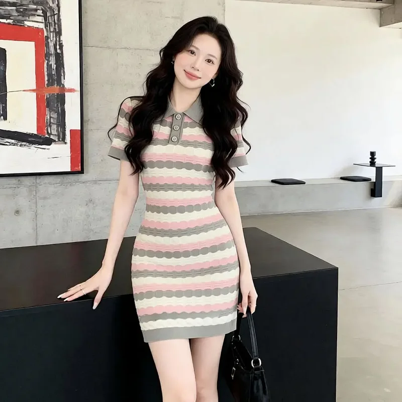 Summer new socialite small fragrant style striped French knitted dress | Suuperbuy Spreadsheet