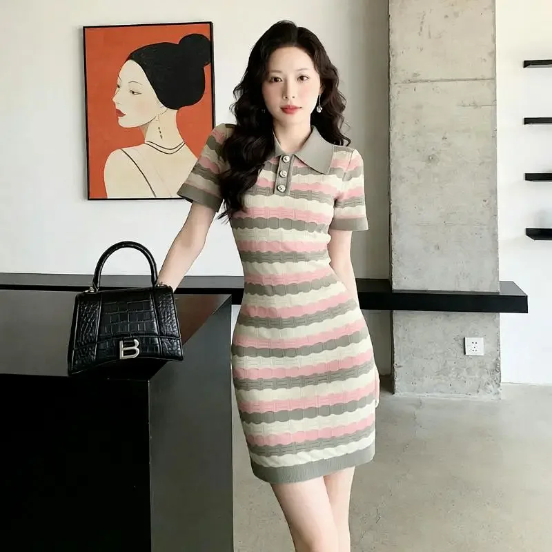 Summer new socialite small fragrant style striped French knitted dress | Suuperbuy Spreadsheet
