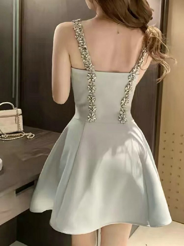 skiirt Summer new French heavy industry rhinestone suspender dress | Suuperbuy Spreadsheet