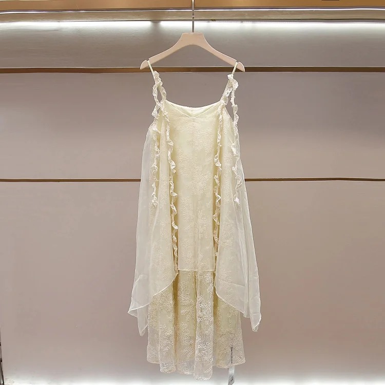 Summer new romantic French elegant lace splicing backless suspender dress